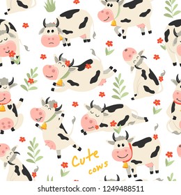 Seamless pattern with cute Cows character in various positions. Vector illustration for your design