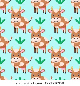 Seamless pattern with cute Cows character.