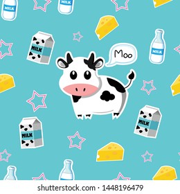 Seamless pattern with cute cows and milk.Eps10 vector.