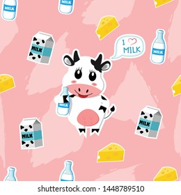 Seamless pattern with cute cows and milk.Eps10 vector.