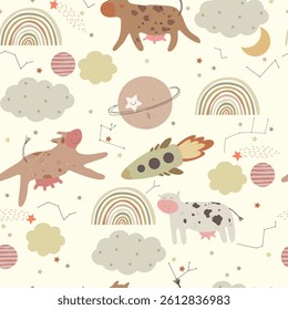 Seamless pattern with cute cows, stars, planets, space sheap, clouds and rainbows. Vector illustrtaion with cute animals and space. 