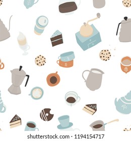 Seamless pattern with cute cozy cups of hot drink and sweets. Abstract vector seamless pattern. Wrapping paper, textile, wallpaper design.