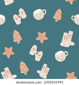 Seamless pattern with cute cozy ornaments, cookie, socks, gloves, gingerbread on green background