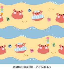 Seamless pattern of cute crab on sand beach sea background.Marine animal character cartoon design.Image for card,sticker,baby clothing.Summer.Waterlife.Kawaii.Illustration