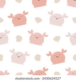 Seamless pattern with cute crab. Sea character. For for kids design, fabric, wrapping, cards, textile, wallpaper, apparel. Isolated vector cartoon illustration in flat style on white background.