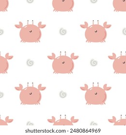 Seamless pattern with cute crab. Sea character. For for kids design, fabric, wrapping, cards, textile, wallpaper, apparel. Isolated vector cartoon illustration in flat style on white background.