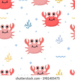 Seamless pattern with cute crab and seaweeds