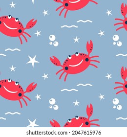 Seamless pattern with cute crab, stars, bubbles, waves. Vector