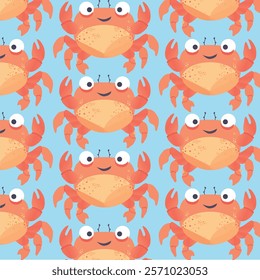  seamless pattern with cute crab vector drawing cartoon marine crab in flat style on blue background, for restaurant seafood backdrop