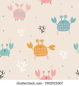 Seamless pattern with cute crabs of different colors. Hand drawn vector illustration. Cartoon style.