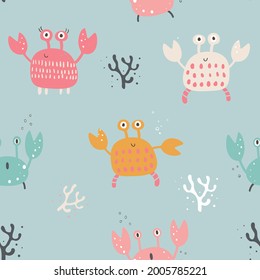 Seamless pattern with cute crabs of different colors. Hand drawn vector illustration. Cartoon style.