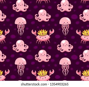 Seamless pattern with cute crabs, octopus, jellyfish on a dark background. Cartoon characters. Vector illustration for kids, children, babies.