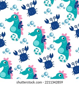 Seamless pattern with cute crabs and seahorses perfect for wrapping paper