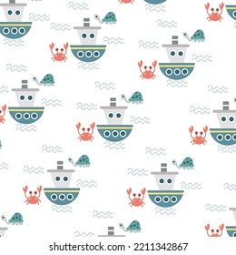 Seamless pattern with cute crabs and turtles perfect for wrapping paper