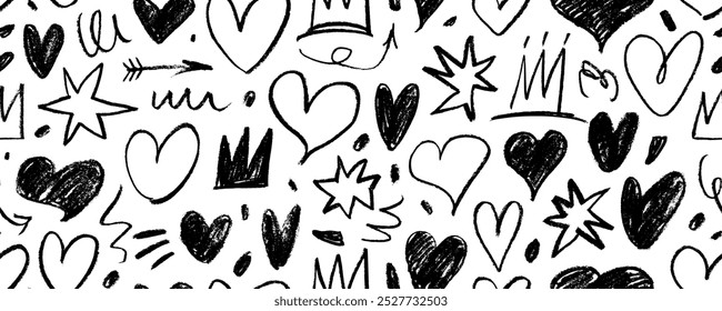 Seamless pattern with cute crayon drawn hearts, stars and crowns. Funky style background. Childish drawn wrapping paper for Valentine's day and Birthday. Abstract sketchy style punk motif.