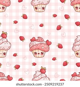 Seamless pattern with cute cream cupcake with strawberries on pink white checkered background with berries. Funny sweet dessert cake kawaii character. Vector illustration