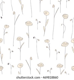 Seamless pattern with cute creamy flowers. White background with stylized doodle roses. Elegant template for fashion prints. Vector illustration. Vintage floral backdrop for summer or spring design.