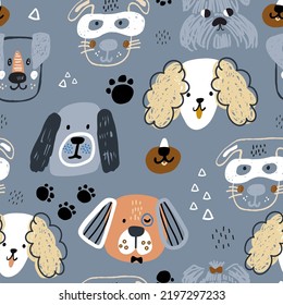 Seamless pattern with cute creative dog faces. Funny hand drawn puppy childish texture. Vector illustration