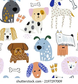 Seamless pattern with cute creative dogs. Funny puppy childish texture. Vector illustration