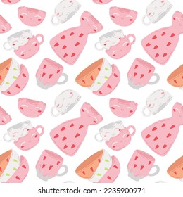 Seamless pattern with cute crockery. Cat-faced cups and heart-shaped bowls. Making handmade ceramics. Vector illustration of hobby and creativity.