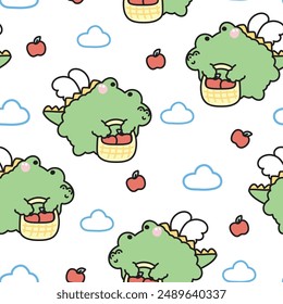 Seamless pattern of cute crocodile angels flying hold apple basket on sky cloud background.Fruit.Dinosaur.Reptile animal character cartoon design.Image for card,poster,sticker.Baby product.Kawaii.