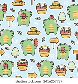 Seamless pattern of cute crocodile with apple in various poses background.Reptile animal character cartoon design.Kid graphic.Fruit,tree,leaf,farm hand drawn.Kawaii.Vector.Illustration
