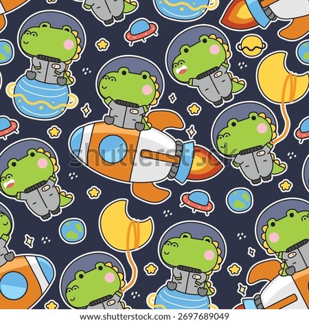 Seamless pattern of cute crocodile astronaut various poses in space background.Reptile animal cartoon.Spaceship,rocket,moon,planet,galaxy,pilot hand drawn.Kawaii.Vector.Illustration.