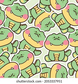 Seamless pattern of cute crocodile cartoon in sitting pose background.Animal character design.Wild.Zoo.Repeat.Kawaii.Image for baby cloth,gift paper,card,banner,wallpaper,sticker.Vector.Illustration.