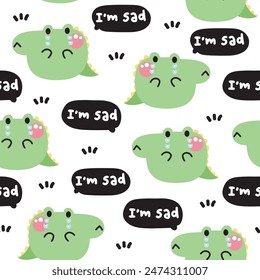 Seamless pattern of cute crocodile crying and sad feeling with text on white background.Wild animal character cartoon design.Image for card,sticker,baby clothing.Kawaii.Illustration.