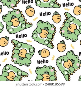 Seamless pattern of cute crocodile doll hold carrot and  hello text background.Vegetable.Reptile animal character cartoon design.Image for card,sticker,baby clothing.Kawaii.Vector.Illustration.