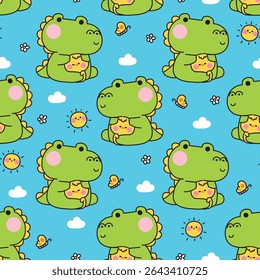 Seamless pattern of cute crocodile doll hug tiny chicken with sun cloud flower and butterfly background.Friend.Love.Reptile and farm bird animal character cartoon.Kawaii.Vector.Illustration.