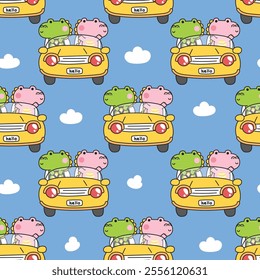 Seamless pattern of cute crocodile drive car with cloud background.Traffic.Vehicle.Travel.Trip.Reptile animal character cartoon design.Image for card,poster,baby clothing.Kawaii.Vector.Illustration