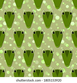 Seamless pattern with cute crocodile face on green polka dots background. Vector flat animals colorful illustration for kids. Adorable cartoon character. Design for card, poster, fabric, textile.