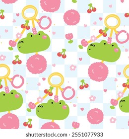 Seamless pattern of cute crocodile face head keychain bag with bead background.Flower,cherry,furry ball.Reptile animal cartoon.Image for card,sticker,decoration item.Kawaii.Vector.Illustration.