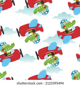 Seamless pattern of cute crocodile  flying in an airplane, Creative vector childish background for fabric textile, nursery wallpaper, brochure. and other decoration.