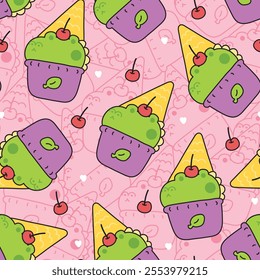 Seamless pattern of cute crocodile green tea ice cream flavor with cherry and cone background.Sweet and dessert.Reptile animal cartoon hand drawn.Kawaii.Vector.Illustration.