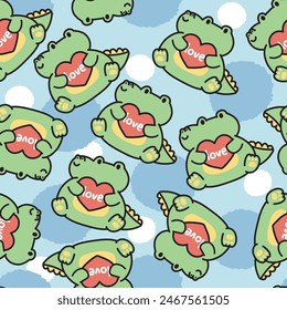 Seamless pattern of cute crocodile hold love heart background.Reptile animal character cartoon design.Image for card,baby product,Print screen clothing.Valentines day.Kawaii.Vector.Illustration.