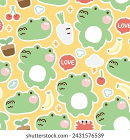 Patrón sin fisuras de cocodrilo lindo con fondo de icono. Diseño de caricatura animal reptil. Radish, nube, cereza, cangrejo, plátano, planta, texto de amor. Ropa de bebé. Kawaii. Vector. Ilustración.