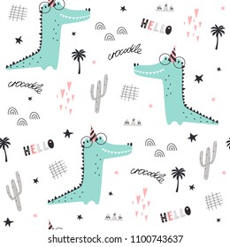 Seamless pattern with cute crocodile. Kids pattern. Vector illustration
