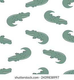 Seamless pattern with cute crocodile. For for kids design, fabric, wrapping, cards, textile, wallpaper, apparel. Isolated vector cartoon illustration in flat style on white background.