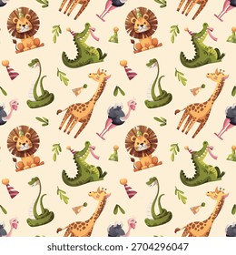 Padrão contínuo com crocodilo bonito, leão, girafa, avestruz, cobra. Conceito de aniversário. Ilustração vetorial para scrapbooking, fundo, papel de embrulho.	
