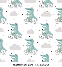 Seamless pattern with cute crocodile on bicycle.
