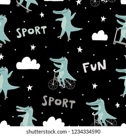 Seamless pattern with cute crocodile on black background