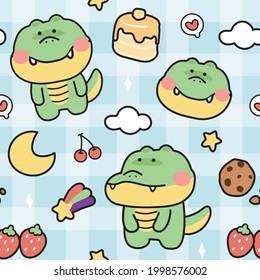 Seamless pattern of cute crocodile on plaid background.Animal character design.Moon,cherry,strawberry,cake.Kawaii.Repeat.Wallpaper.Kid graphic.Vector.Illustration.Illustrator.