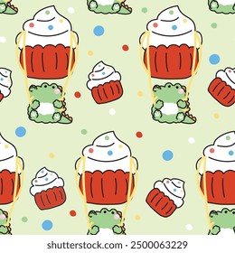 Seamless pattern of cute crocodile parachute cupcake shape cartoon hand drawn background.Bakery,sweet,dessert.Reptile animal character.Kawaii.Vector.Illustration.