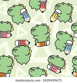 Seamless pattern of cute crocodile with pencil on triangle background.Back to school.Reptile animal charcter cartoon design.Kawaii.Vector.Illustration.