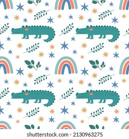 Seamless pattern with cute crocodile, rainbows, leaves and stars. Vector graphic on a white background. Hand drawing for cover design  phone cases,  t-shirt pillow prints, wrapping paper.