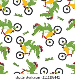 Seamless pattern of cute crocodile riding a scooter. Funny vector illustration. Creative vector childish background for fabric textile, nursery wallpaper, brochure. and other decoration.