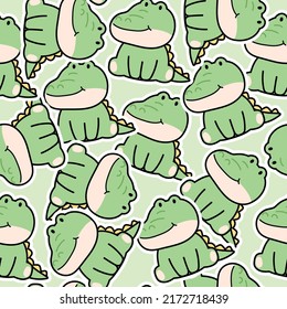 Seamless pattern of cute crocodile sit on green background.Character design.Wild animal.Kawaii.Vector.Illustration.