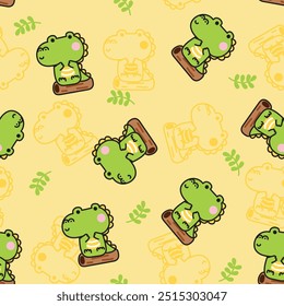 Padrão contínuo de crocodilo bonito sentar-se na madeira com linha de folha desenhada à mão fundo.Design de desenho animado animal réptil.Image para cartão,tela de impressão,roupas de bebê.Kawaii.Vetor.Illustration.